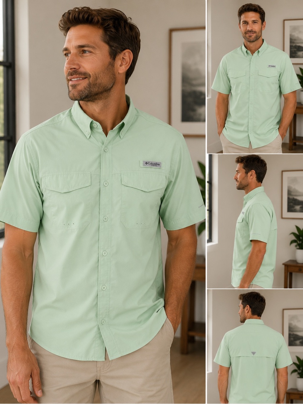 Columbia Short Sleeve Button-Down Shirt in Mint Green Mens Small